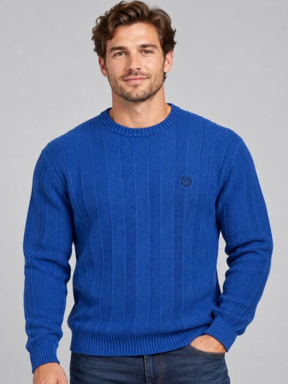 Chaps Sweater Mens XL Blue Textured Ribbed Knit Crew Neck Pullover 100% Cotton